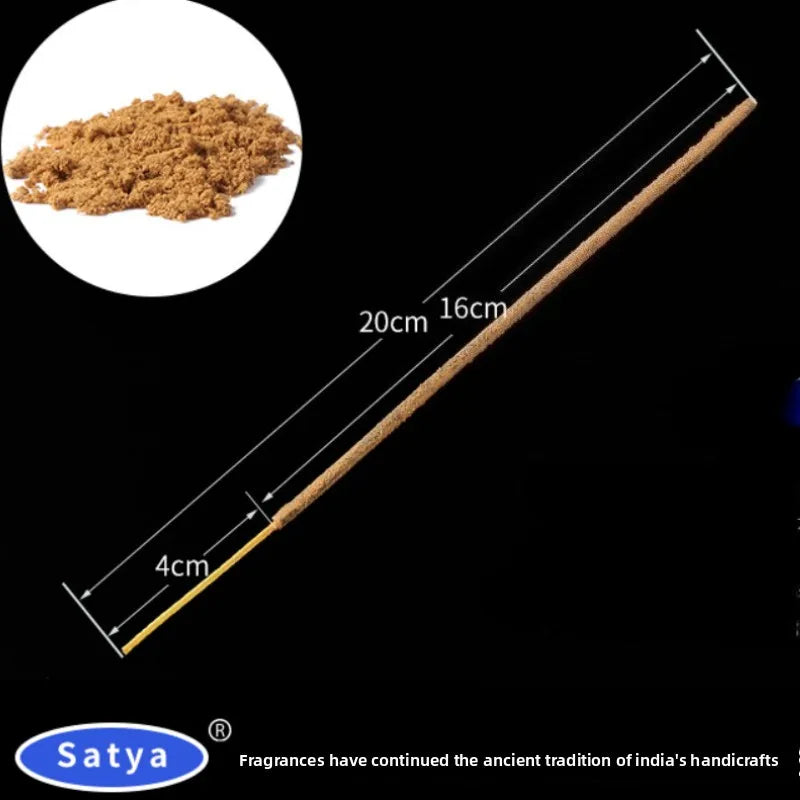Measurement of a incense stick with an inset showing incense powder, branded as Satya.