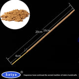 Measurement of a incense stick with an inset showing incense powder, branded as Satya.