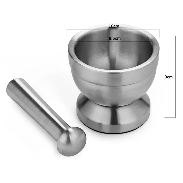 Stainless steel mortar and pestle with dimensions on a white background