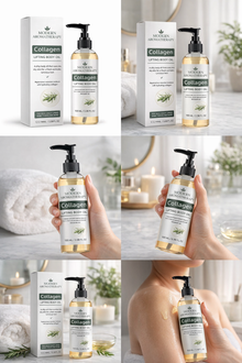 Collagen skincare product with packaging and application on skin.