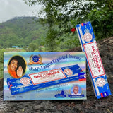 Nag Champa incense packaging with a scenic background