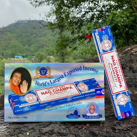 Nag Champa incense packaging with a scenic background
