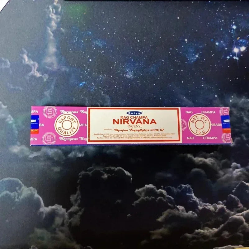 Nirvana incense box with a space-themed background