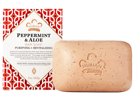 Nubian Heritage Peppermint & Aloe bar soap with packaging on a white background