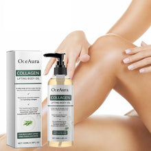 OceAura Collagen Lifting Body Oil with packaging and a hand on skin