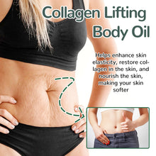 Advertisement for collagen lifting body oil showing before and after effects on skin elasticity.