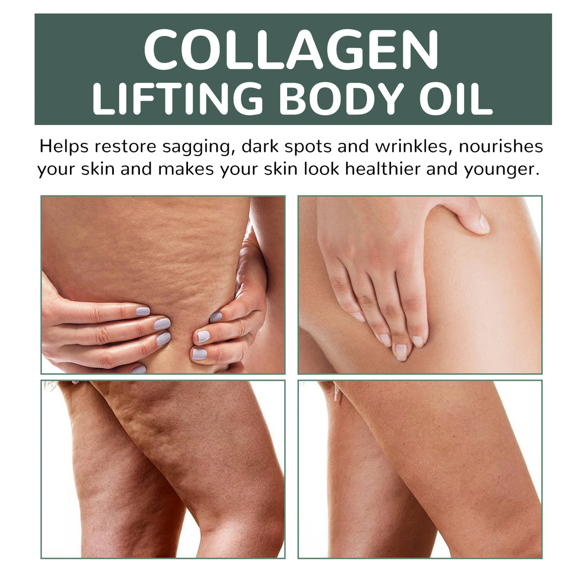 Advertisement for collagen lifting body oil showing before and after effects on skin.