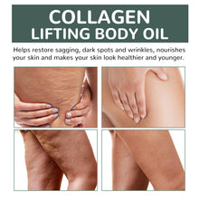 Advertisement for collagen lifting body oil showing before and after effects on skin.