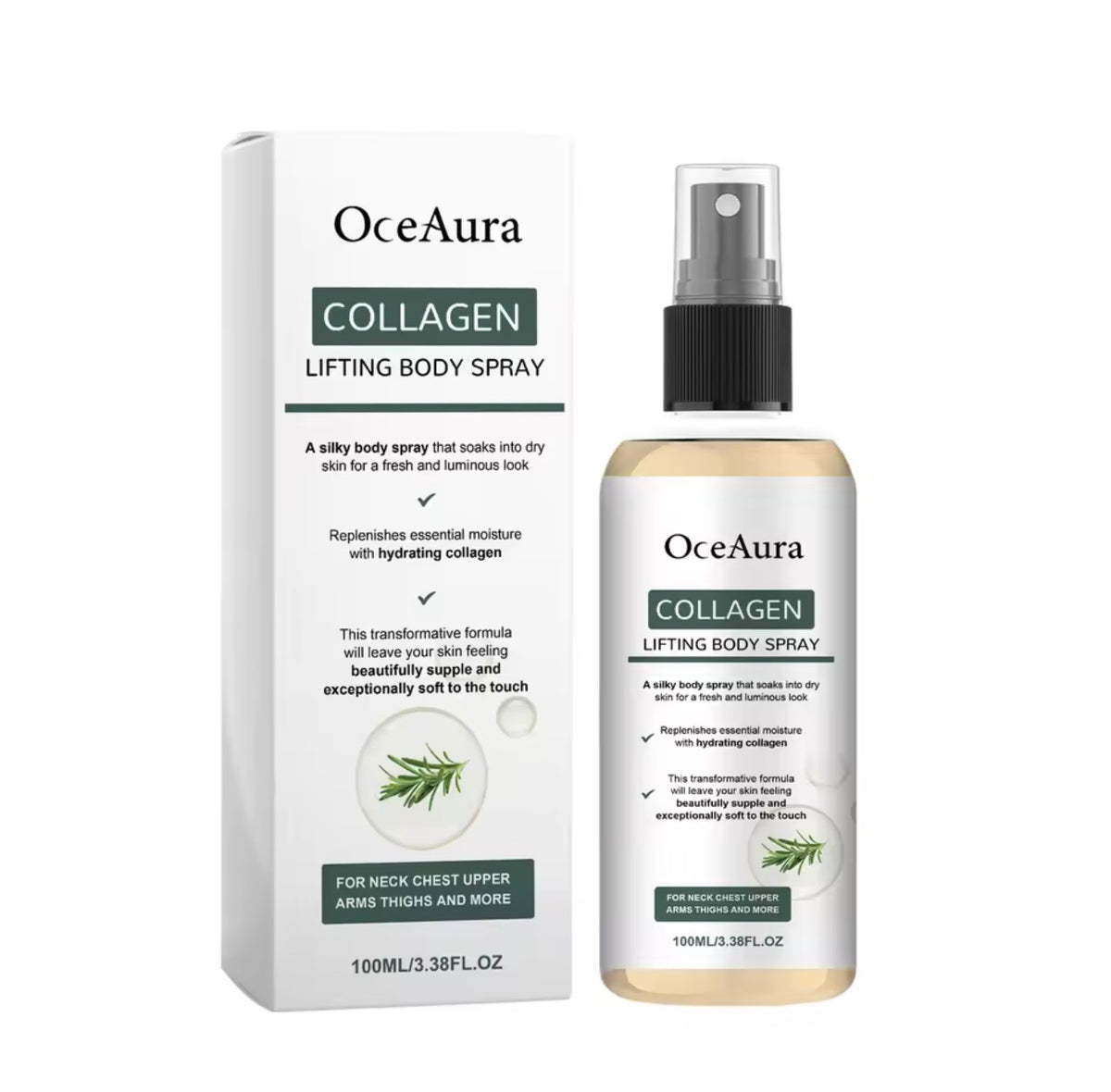 OceAura Collagen Lifting Body Spray with packaging on a white background