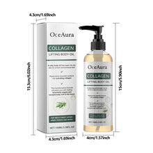 OceAura Collagen Lifting Body Oil with packaging dimensions on a white background