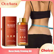 OceAura Magic Luxury Body Oil with packaging and a woman in black underwear, showing a toned abdomen.
