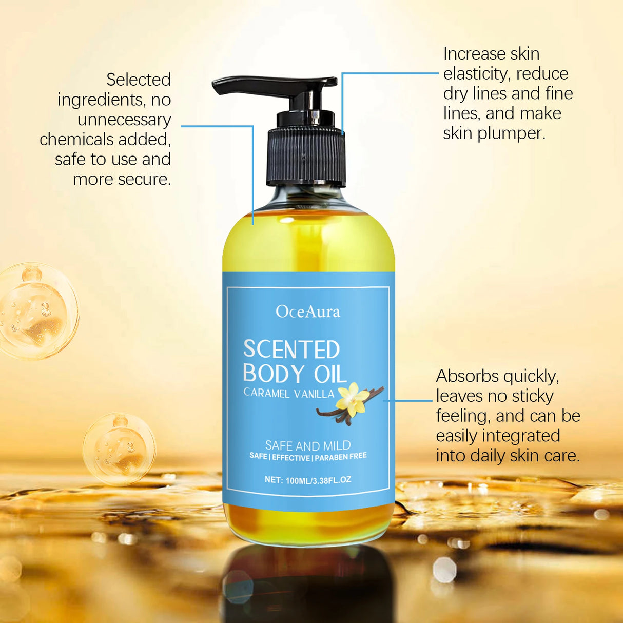 OceAura scented body oil bottle with text highlighting benefits on a beige background