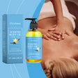 OceAura scented body oil bottle and packaging with a person receiving a massage.