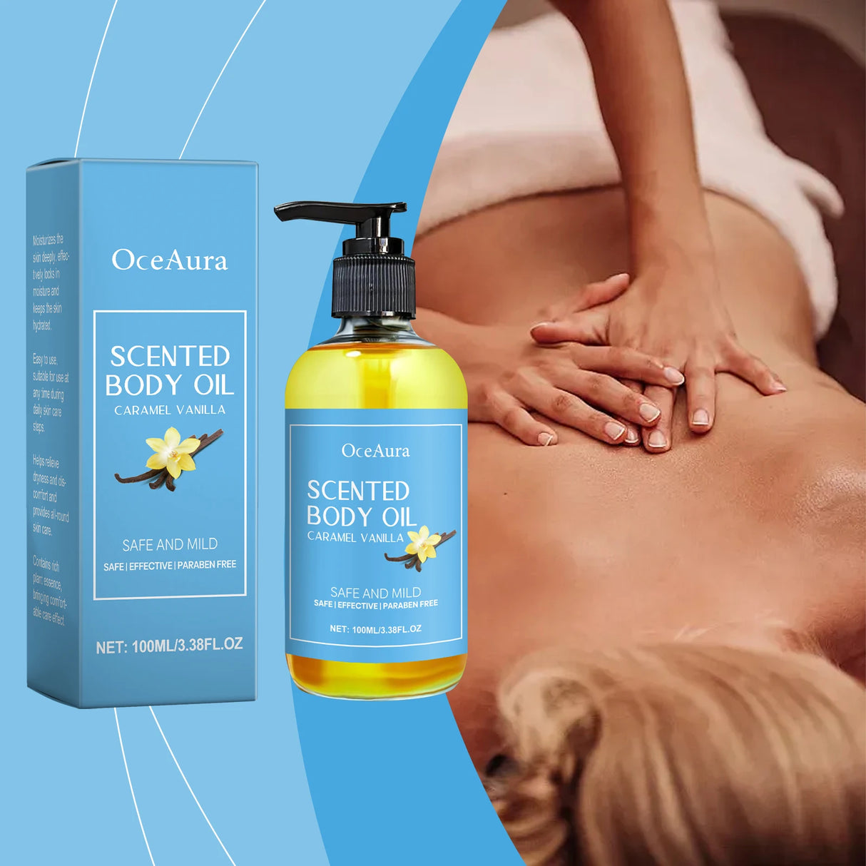 OceAura scented body oil bottle and packaging with a person receiving a massage.