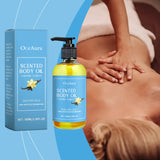 OceAura scented body oil bottle and packaging with a person receiving a massage.