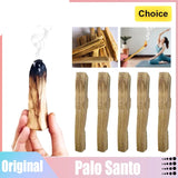 Palo Santo sticks with a hand holding one, and images of people using them in a yoga studio.