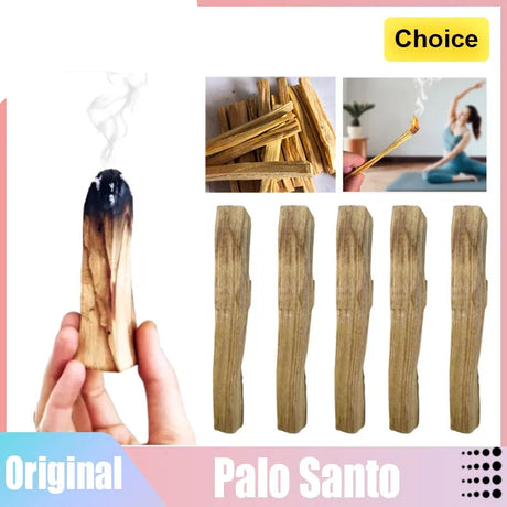 Palo Santo sticks with a hand holding one, and images of people using them in a yoga studio.