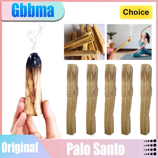 Palo Santo sticks with a hand holding one, burning stick, and a person using it in a yoga pose.
