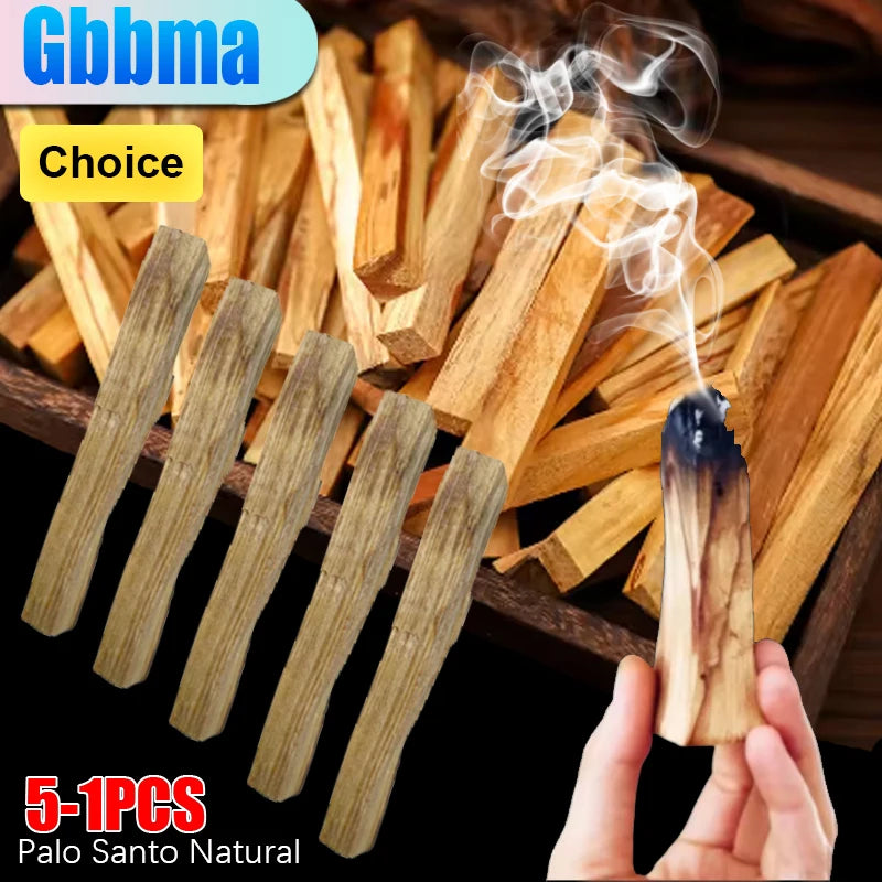 Palo Santo sticks with smoke, hand holding a burning stick, and 'Gbbma Choice' branding.