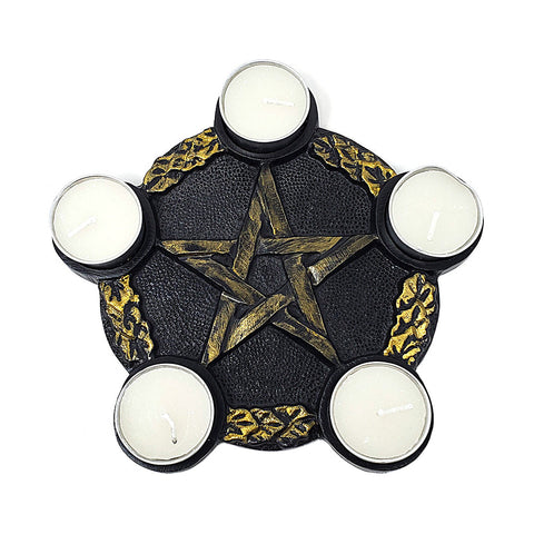 5 Point Pentagram Tea Light Holder Black/Gold