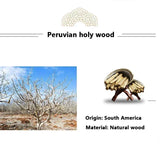 Peruvian holy wood product description with tree image and wooden product on a white background