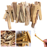 Pile of wooden sticks with close-up shots and a lit match.