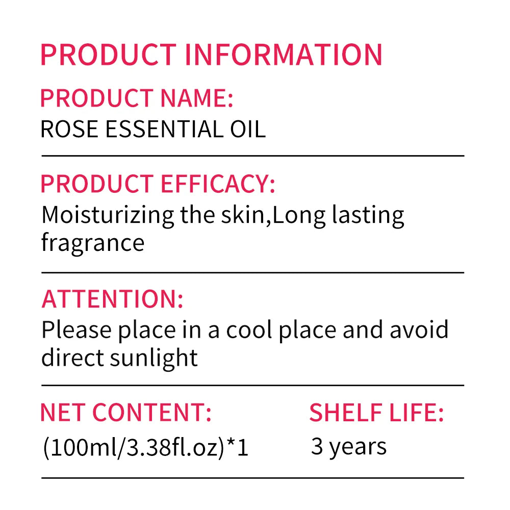 Product information card for rose essential oil with text details.
