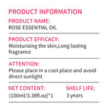 Product information card for rose essential oil with text details.