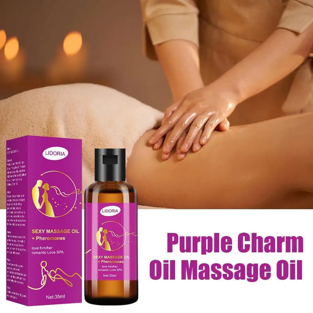 Purple Charm Oil Massage Oil with packaging and a person massaging leg.