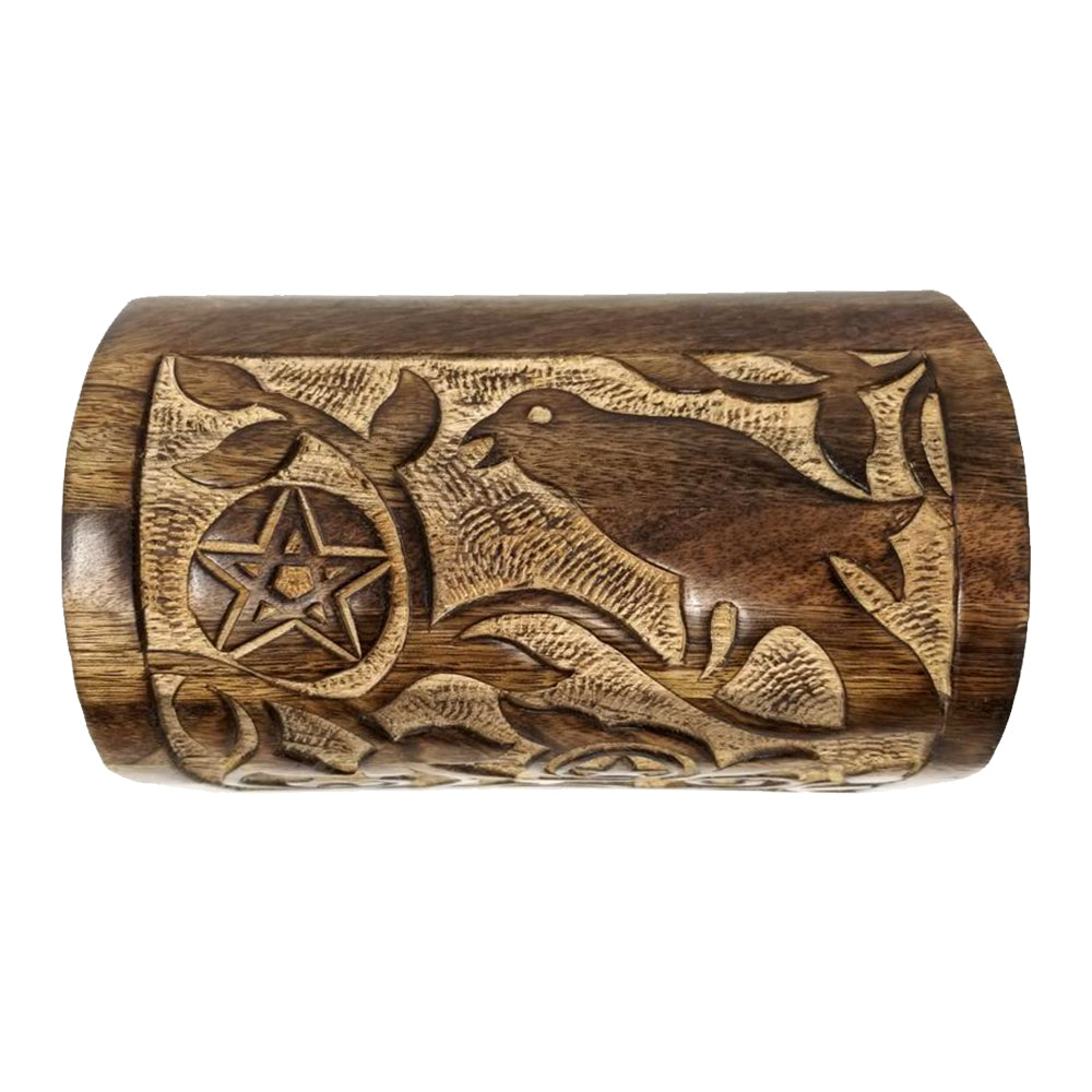 Raven & Pentagram Carved Round Top Wood Box