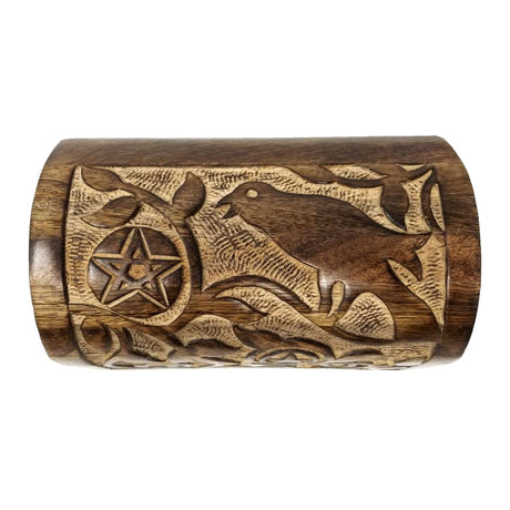 Raven & Pentagram Carved Round Top Wood Box