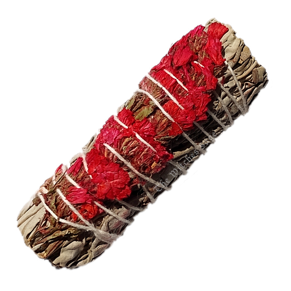 Red Sinuata Flowers with White Sage Smudge Stick 3-4"
