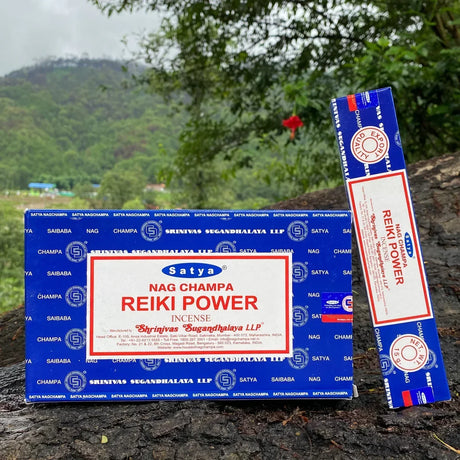 Satya Nag Champa Reiki Power incense packaging with mountainous background