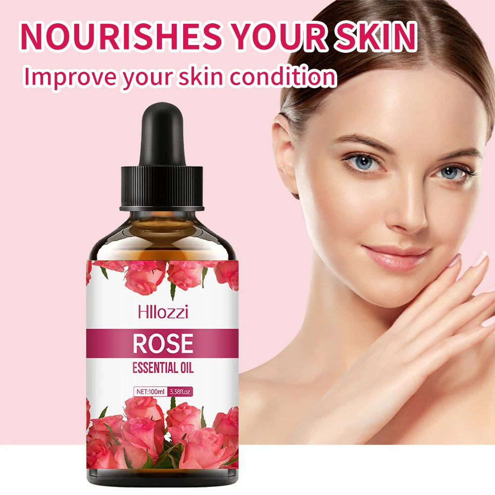 Hillozzi Rose Essential Oil bottle with a woman touching her face on a pink background
