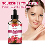 Hillozzi Rose Essential Oil bottle with a woman touching her face on a pink background