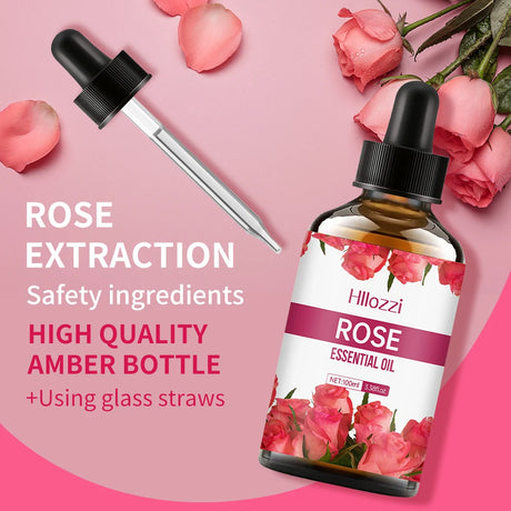 Rose essential oil bottle with dropper on a pink background with roses and rose petals.