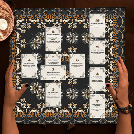 Card game with decorative box and cards on a patterned surface