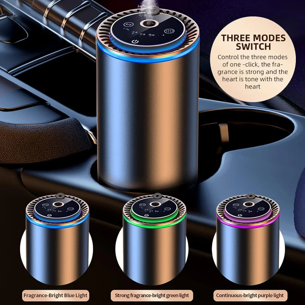 Car-mounted diffuser with three light modes on a car cup holder background