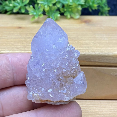 Crystal rock held in a hand with a wooden surface and greenery in the background