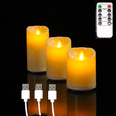 Three LED candles with a remote control and USB charging cables on a reflective surface.