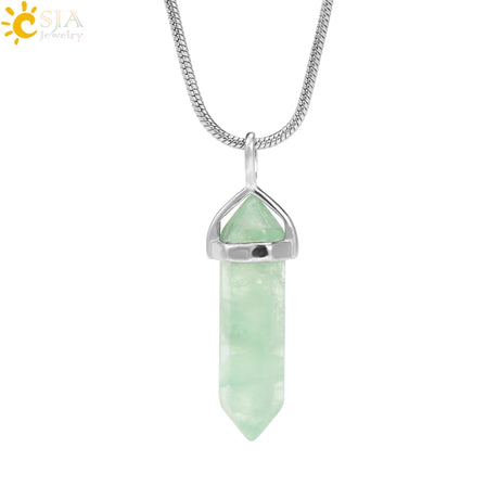 Green crystal pendant necklace on a white background