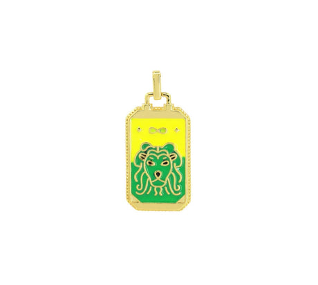 Gold pendant with green lion design on a white background