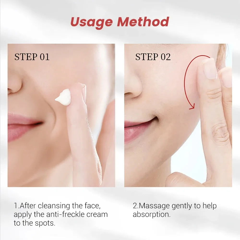 Step-by-step guide on applying anti-freckle cream with close-up images of a person's face.