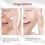Step-by-step guide on applying anti-freckle cream with close-up images of a person's face.