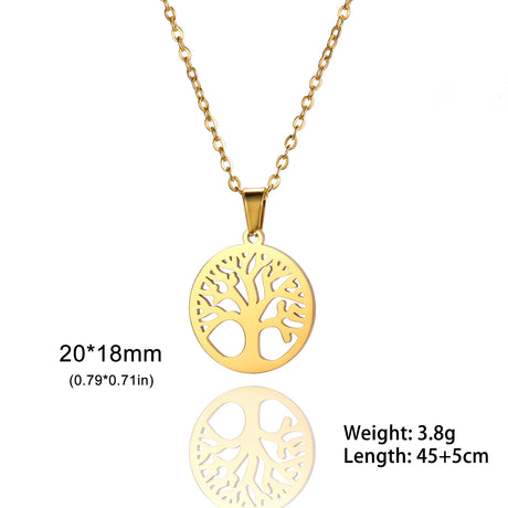Gold tree-shaped pendant necklace with measurements and weight on a white background