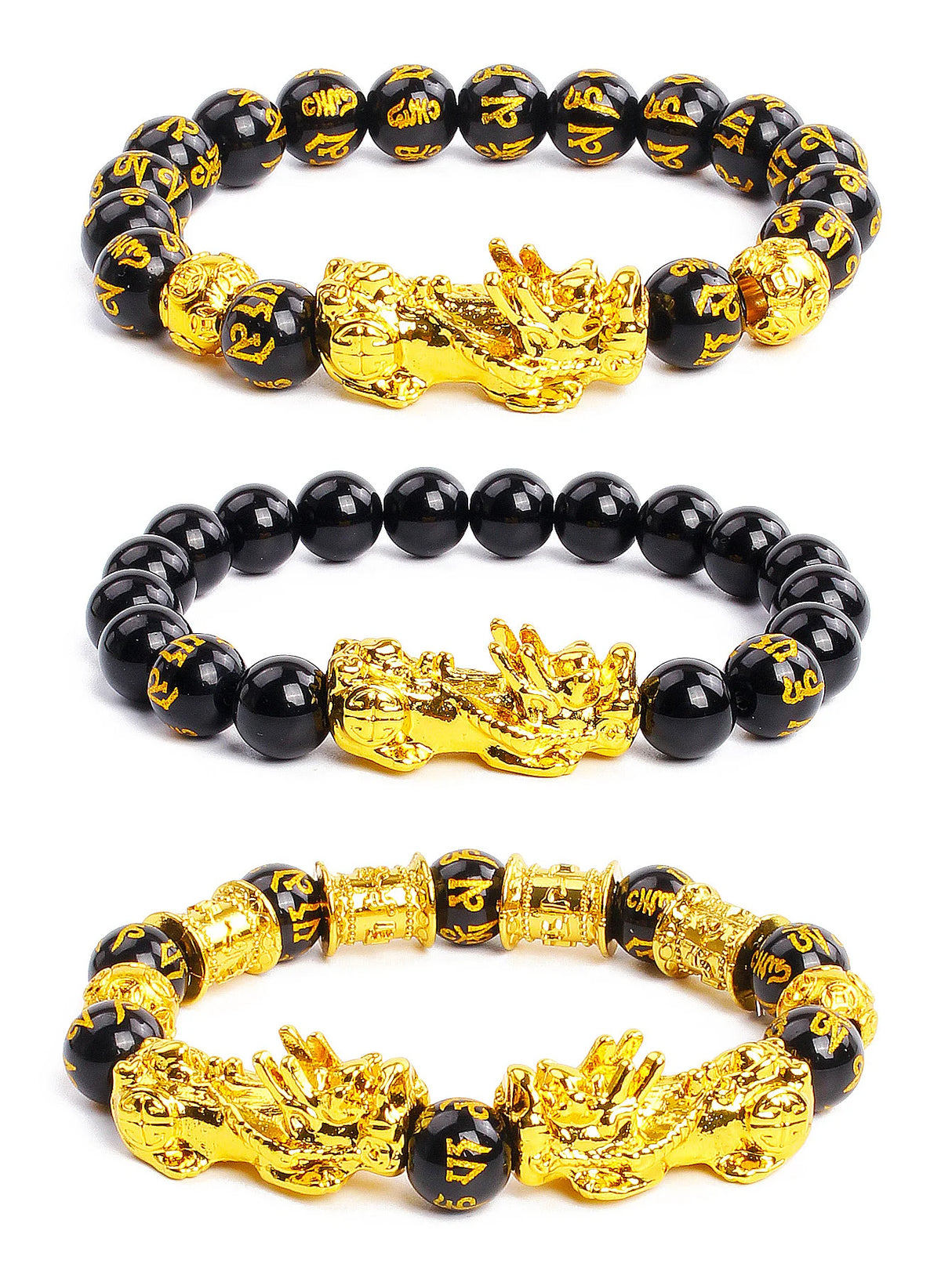 Black and gold beaded bracelets with dragon designs on a white background
