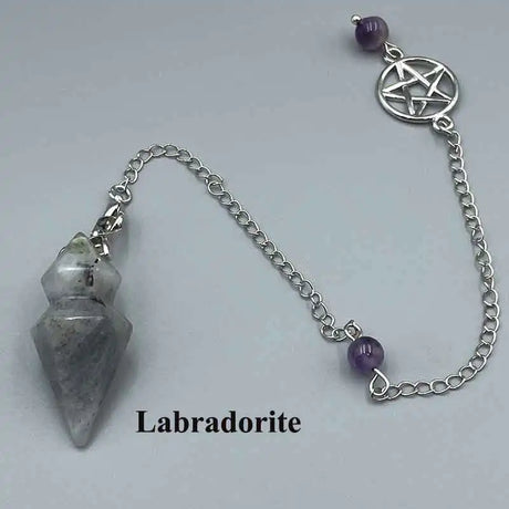 Necklace with Labradorite stone and pentagram pendant on a light gray background