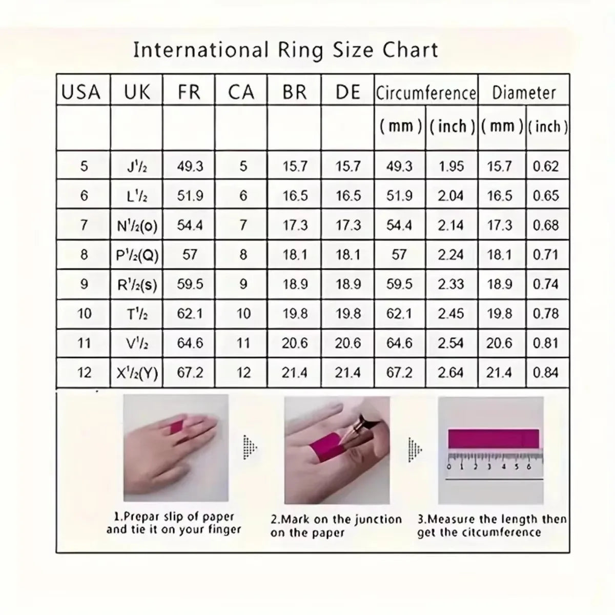International Ring Size Chart with measurements for various ring sizes.