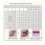 International Ring Size Chart with measurements for various ring sizes.