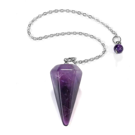 Amethyst crystal pendulum on a silver chain against a white background